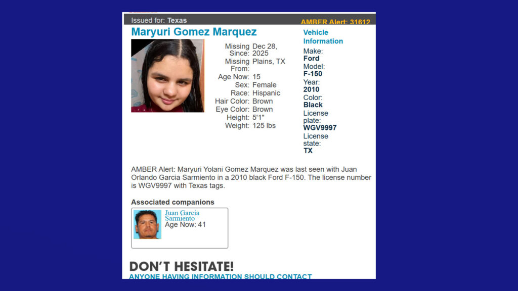 Emiten Alerta Amber por menor desaparecida; autoridades buscan a sospechoso y vehículo en Texas